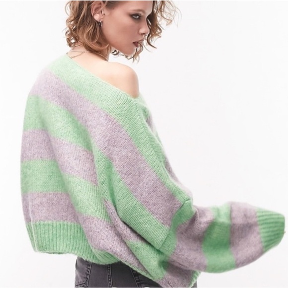 Topshop Cast Off the Shoulder Grey + Green Striped Oversize Crop Sweater, Size L - Picture 3 of 6